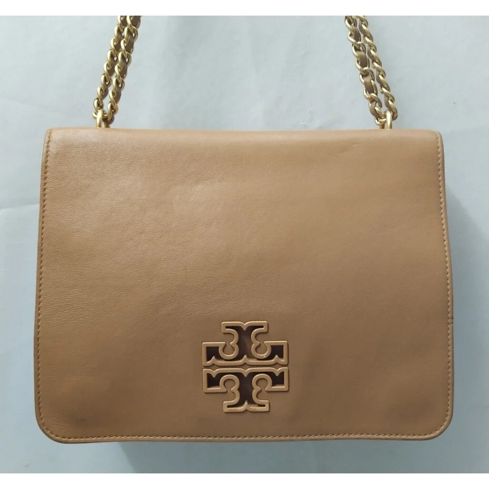 Tory Burch Tan Leather Block T Chain Strap Crossbody Shoulder Bag